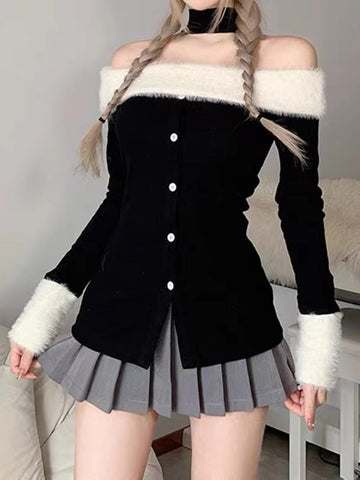 Yipinpay Winter Slim Vintage Black Tops Office Lady Long Sleeve Casual Pullover Elegant Korean Fashion Clothing Woman Button Design